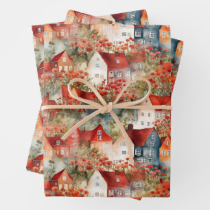 WHIMSICAL TOWN AND HOUSES GIFT  WRAPPING PAPER SHEET