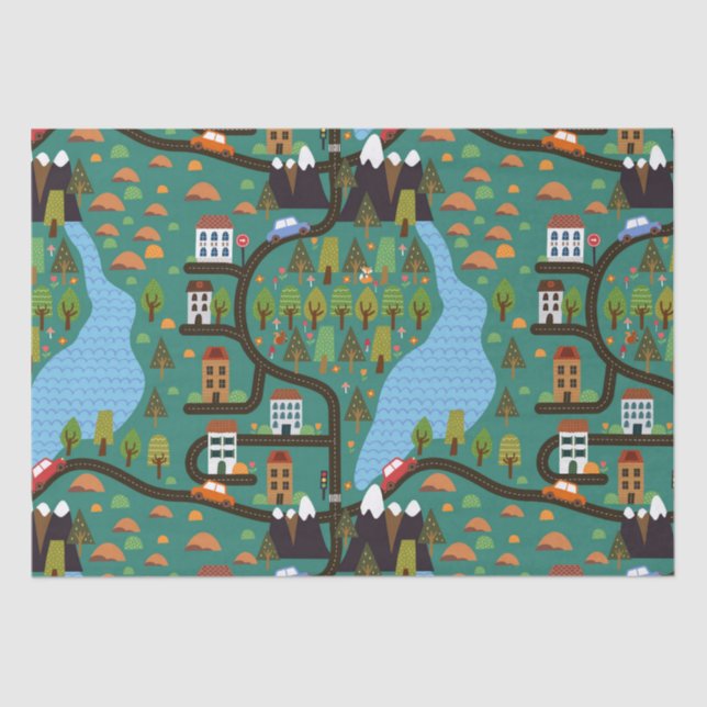 Whimsical Town Roadways Tissue Paper (Front)