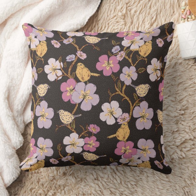 Whimsical Trailing Florals and Birds - Black/Grey Cushion (Blanket)