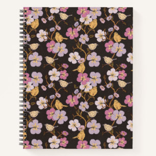 Whimsical Trailing Florals and Birds - Black/Grey Notebook