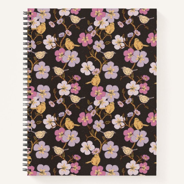 Whimsical Trailing Florals and Birds - Black/Grey Notebook (Front)