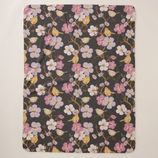 Whimsical Trailing Florals and Birds - Black/Grey Sherpa Blanket