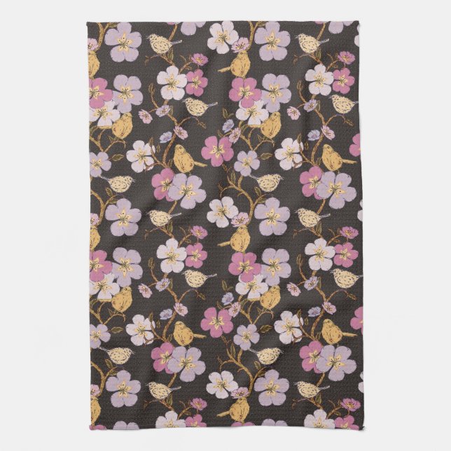 Whimsical Trailing Florals and Birds - Black/Grey Tea Towel (Vertical)