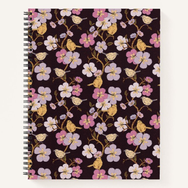 Whimsical Trailing Florals and Birds - Black/Red Notebook (Front)