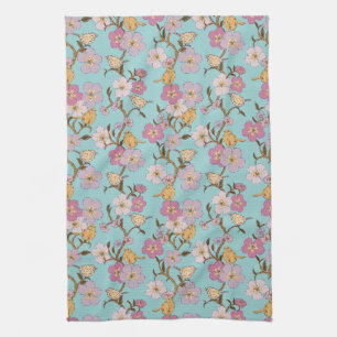 Whimsical Trailing Florals and Birds - Turquoise Tea Towel