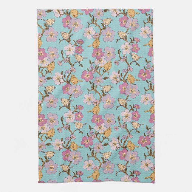Whimsical Trailing Florals and Birds - Turquoise Tea Towel (Vertical)