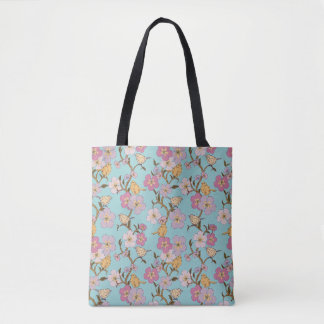 Whimsical Trailing Florals and Birds - Turquoise Tote Bag