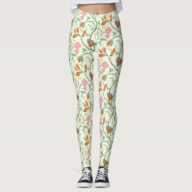 Whimsical Trailing Folk Art Floral Leggings (Front)