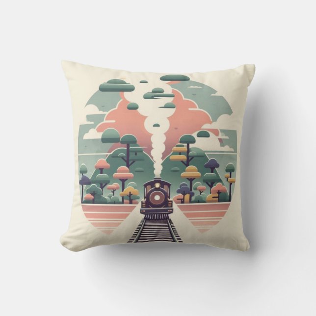 Whimsical Train Journey: Retro-Style Landscape Cushion (Front)