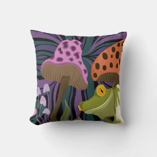 Whimsical Tree Frog And Mushrooms Cushion
