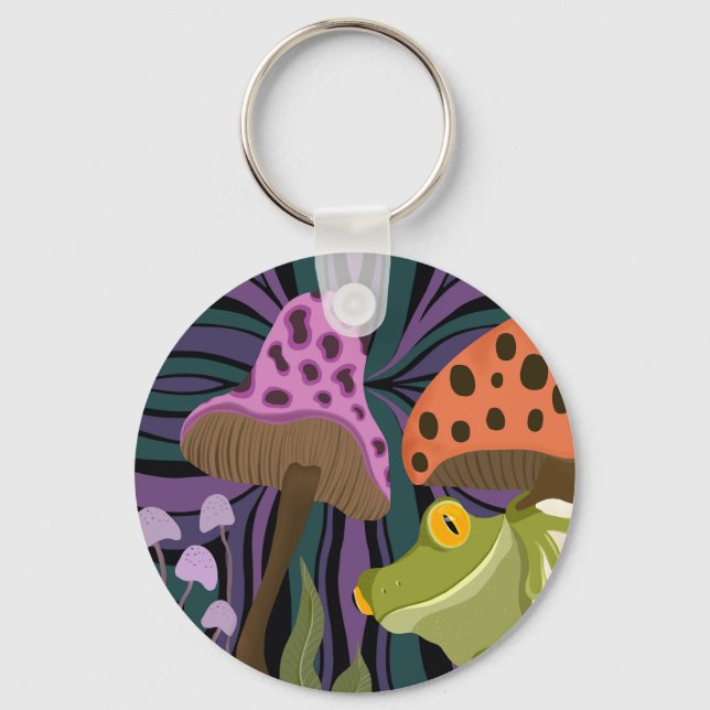 Whimsical Tree Frog And Mushrooms Key Ring (Front)
