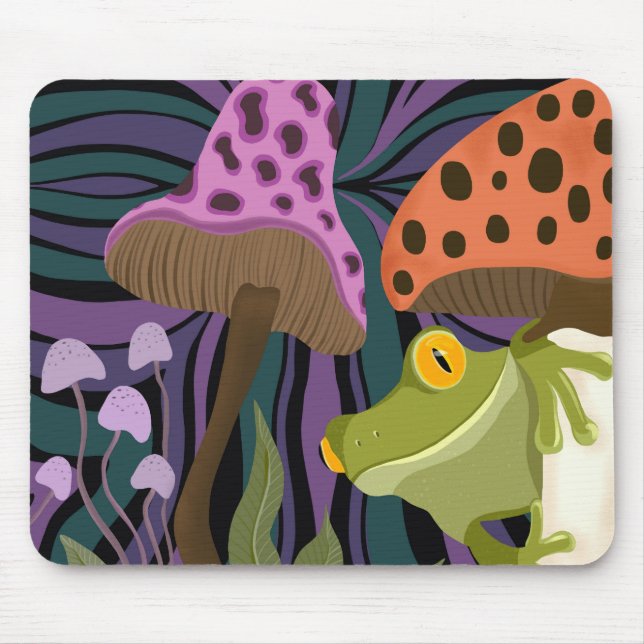 Whimsical Tree Frog And Mushrooms Mouse Mat (Front)