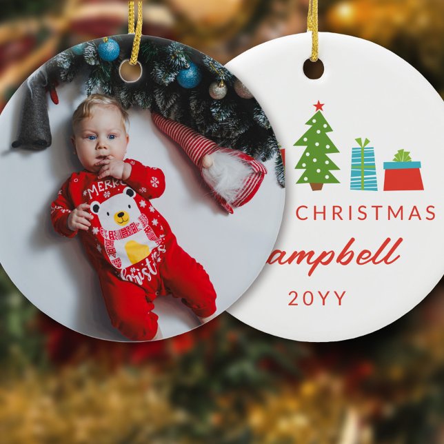 Whimsical Tree & Gifts 1st Christmas Photo Ceramic Tree Decoration (Creator Uploaded)