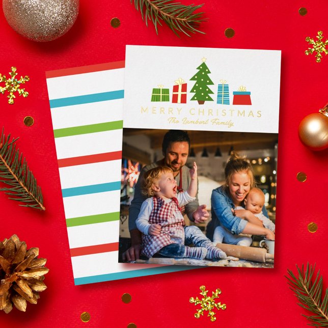 Whimsical Tree Gifts Gold Merry Christmas Photo Foil Holiday Card (Creator Uploaded)