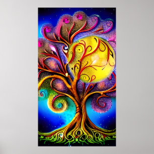 Whimsical Tree of Life with Full Moon Poster