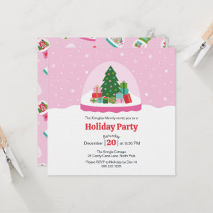 Whimsical Trees and Gifts Snow Globe in Pink Invitation