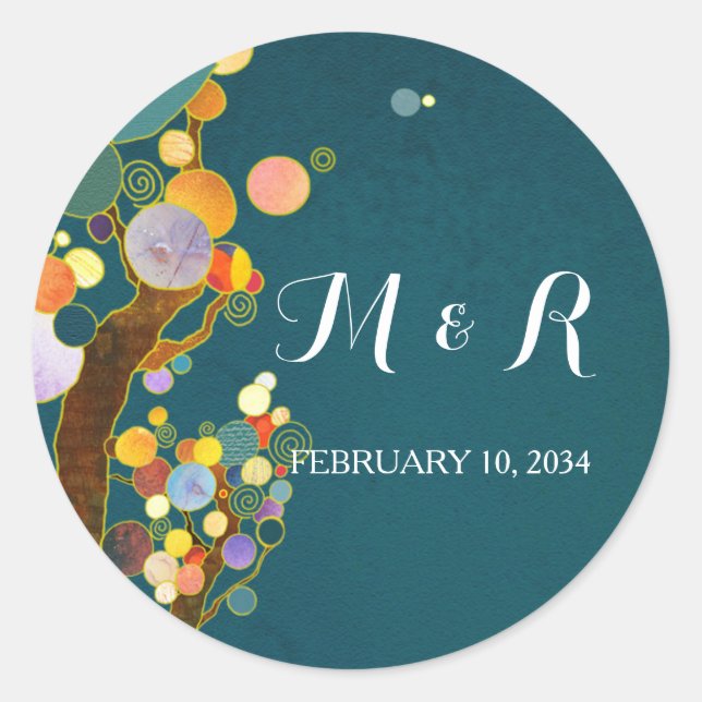 Whimsical Trees Teal Wedding Classic Round Sticker (Front)