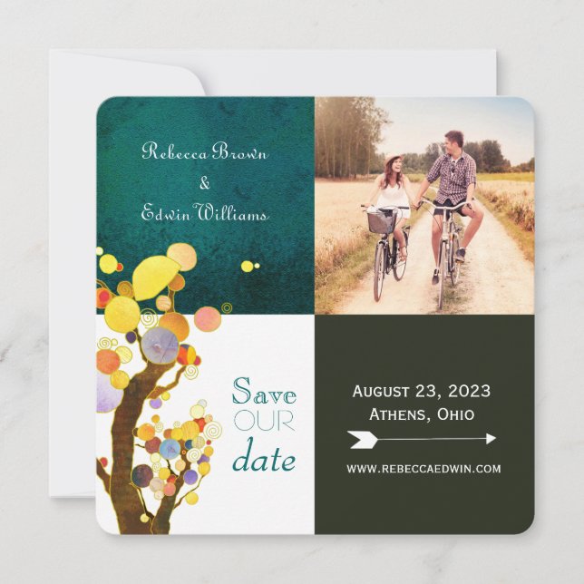 Whimsical Trees Teal Wedding Photo Save the Date (Front)