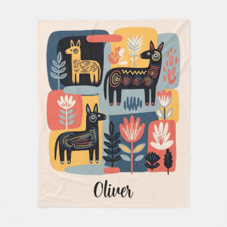 Whimsical Tribal Animals Floral Folk Art Fleece Blanket