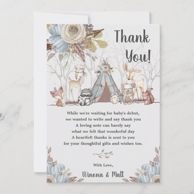 Whimsical Tribal Boho Woodland Animals Baby Shower Thank You Card (Front)