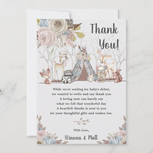 Whimsical Tribal Boho Woodland Animals Baby Shower Thank You Card (Front)