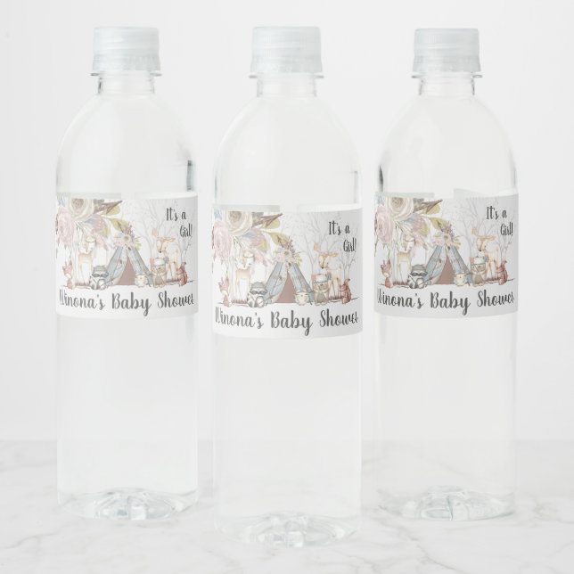 Whimsical Tribal Woodland Animals Girl Baby Shower Water Bottle Label (Bottles)