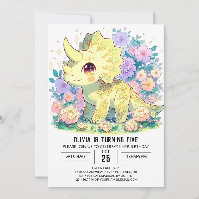 Whimsical Triceratops Dinosaur Digital Birthday Invitation (Front)