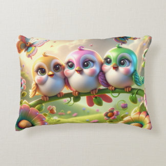 Whimsical Trio of Springtime Songbirds Decorative Cushion