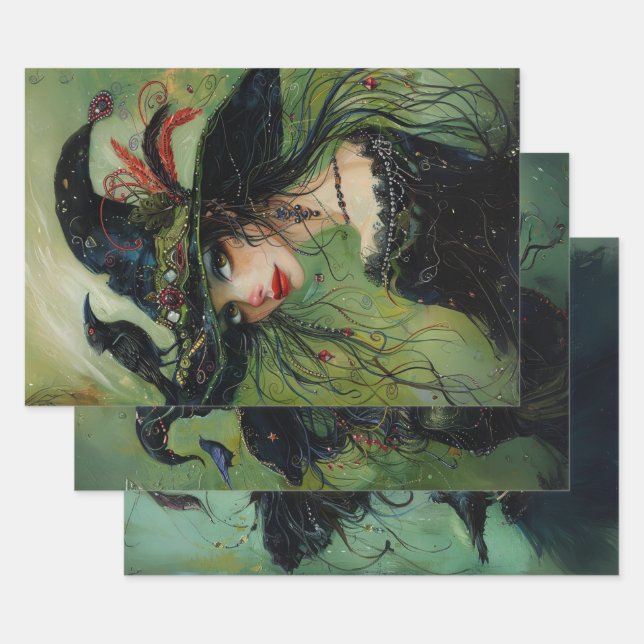 Whimsical Trio Witches #2 Decoupage  Wrapping Paper Sheet (Set)