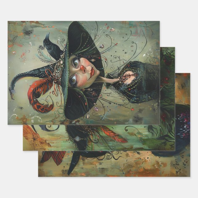 Whimsical Trio Witches Decoupage  Wrapping Paper Sheet (Set)