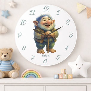 Whimsical Troll Gnome Wall Decor Kids Custom Name Large Clock