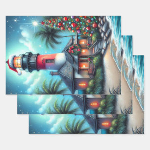 Whimsical Tropical Christmas Lighthouse Decoupage Wrapping Paper Sheet