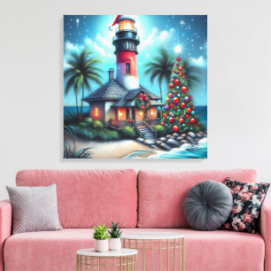 Whimsical Tropical Christmas Lighthouse Teal Red Canvas Print