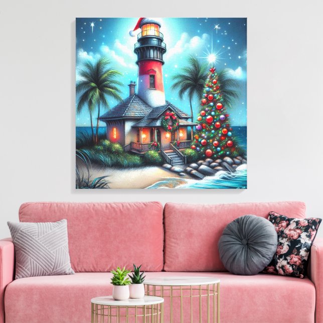 Whimsical Tropical Christmas Lighthouse Teal Red Canvas Print (Insitu(LivingRoom))