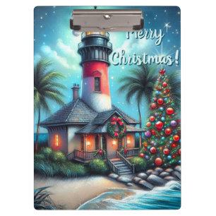 Whimsical Tropical Christmas Lighthouse Teal Red Clipboard