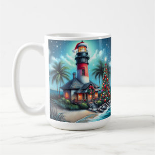 Whimsical Tropical Christmas Lighthouse Teal Red Coffee Mug