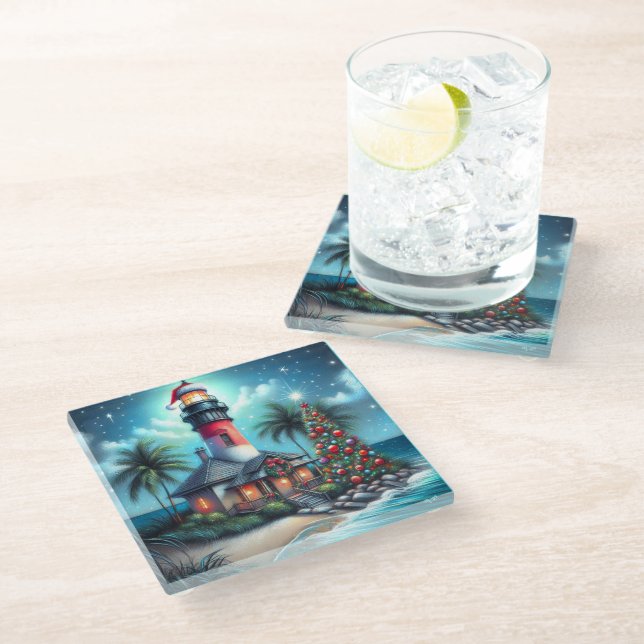 Whimsical Tropical Christmas Lighthouse Teal Red Glass Coaster (Angled)