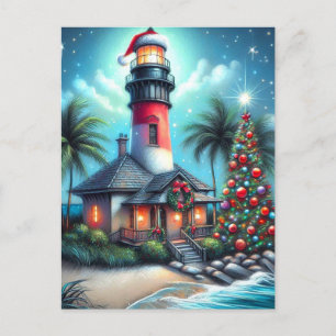 Whimsical Tropical Christmas Lighthouse Teal Red Holiday Postcard