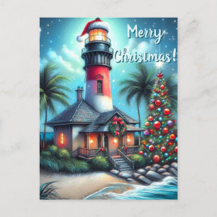 Whimsical Tropical Christmas Lighthouse Teal Red Holiday Postcard