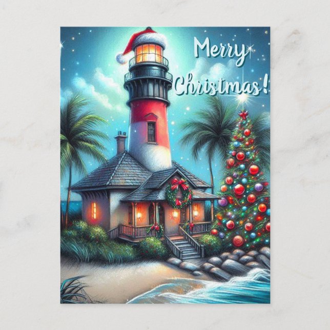 Whimsical Tropical Christmas Lighthouse Teal Red Holiday Postcard (Front)