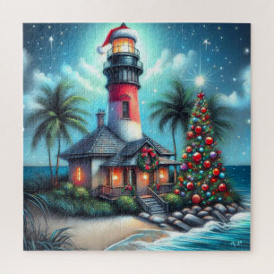 Whimsical Tropical Christmas Lighthouse Teal Red Jigsaw Puzzle