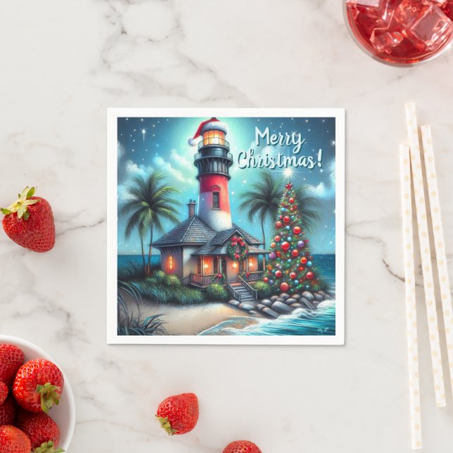 Whimsical Tropical Christmas Lighthouse Teal Red Napkin (Insitu)