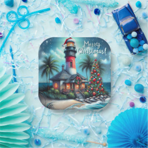 Whimsical Tropical Christmas Lighthouse Teal Red Paper Plate