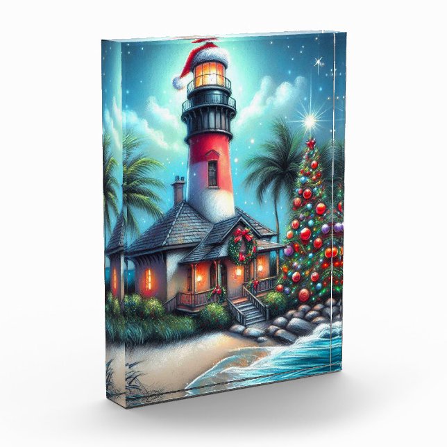 Whimsical Tropical Christmas Lighthouse Teal Red Photo Block (Left)