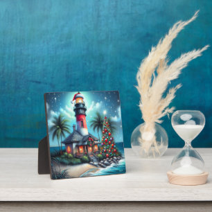 Whimsical Tropical Christmas Lighthouse Teal Red Plaque