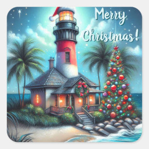 Whimsical Tropical Christmas Lighthouse Teal Red Square Sticker