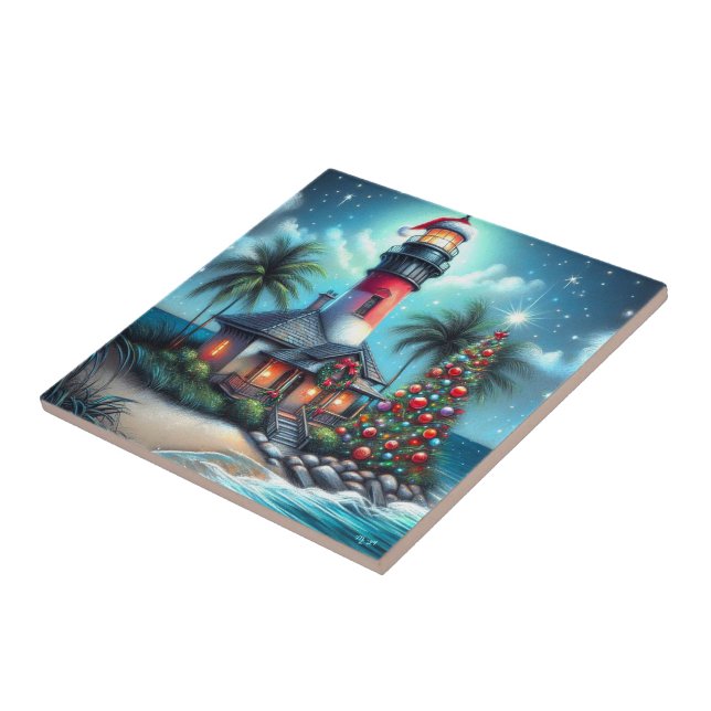 Whimsical Tropical Christmas Lighthouse Teal Red Tile (Side)