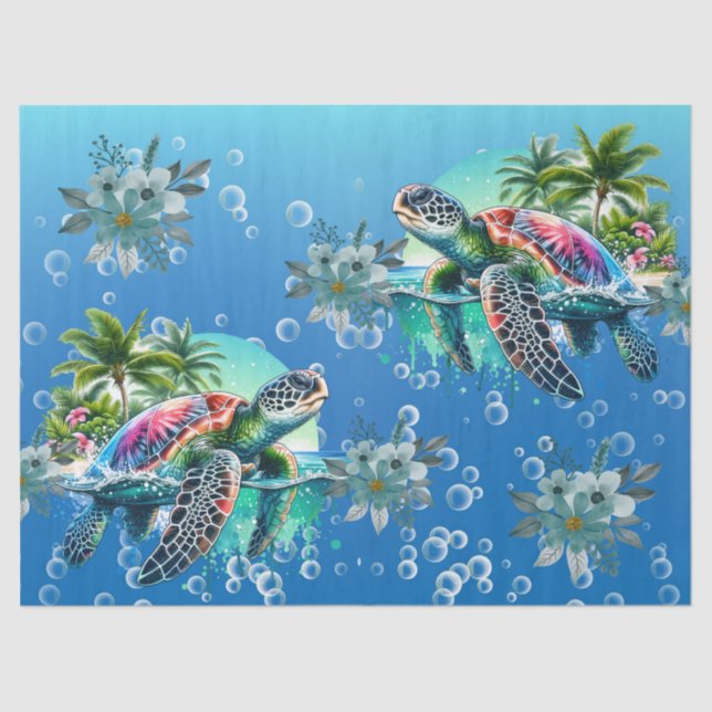 Whimsical Tropical Colourful Sea Turtle Florals Tissue Paper (Front)