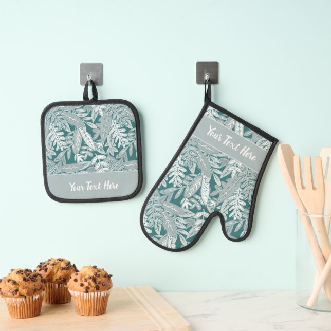 Whimsical Tropical Floral Leaf Print Oven Mitt & Pot Holder Set (Insitu(Hanging))
