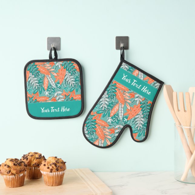 Whimsical Tropical Floral Leaf Print Oven Mitt & Pot Holder Set (Insitu(Hanging))
